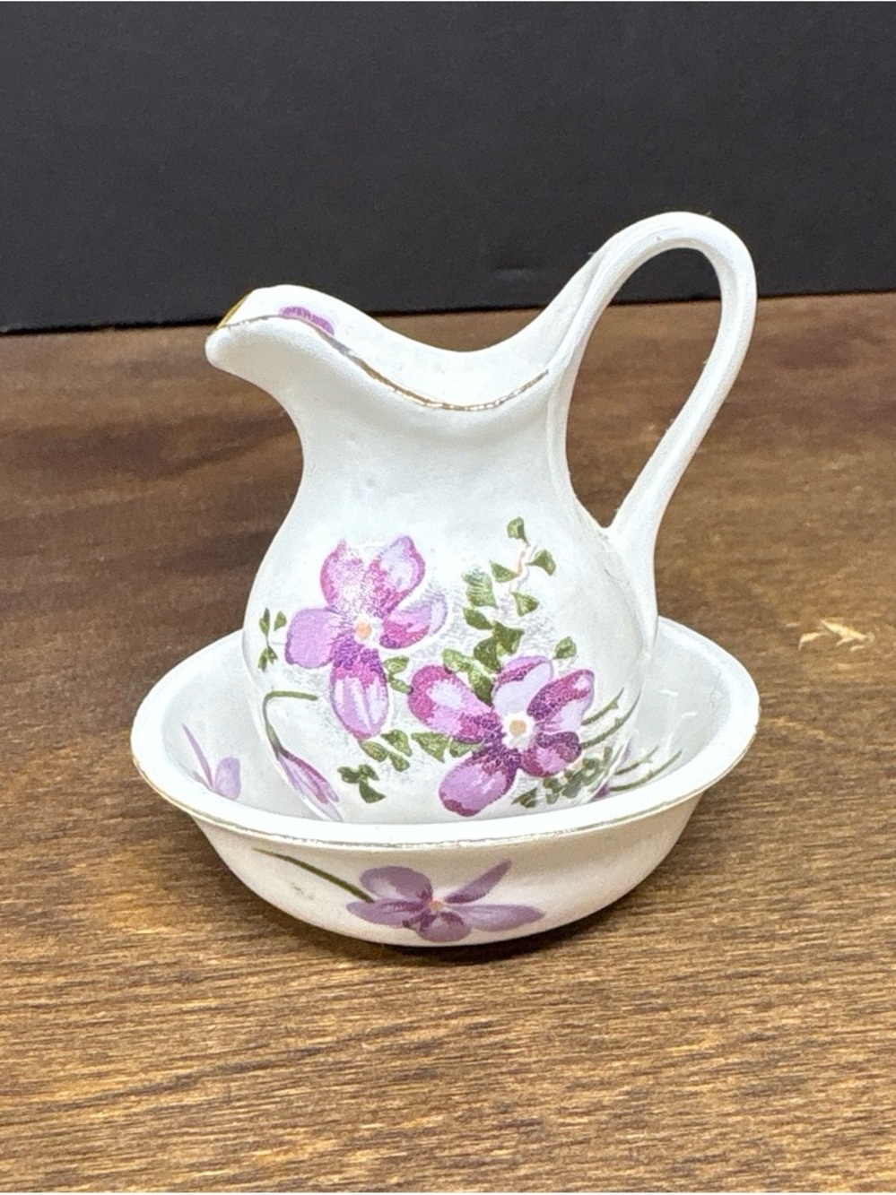 Vintage Miniature Floral White Ceramic Pitcher and Basin Set - Purple Flowers